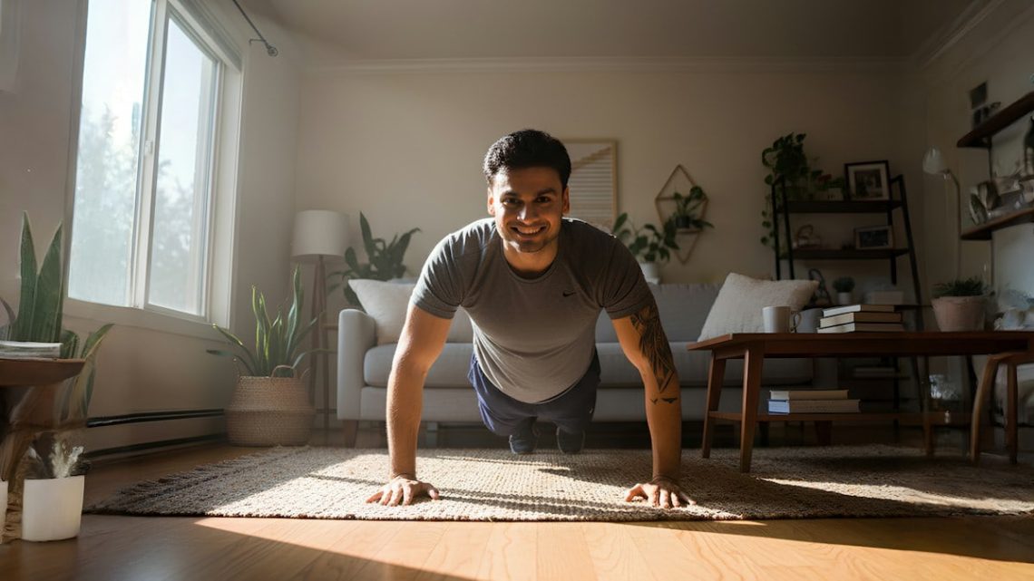 Man doing push-ups in a sunlit living room